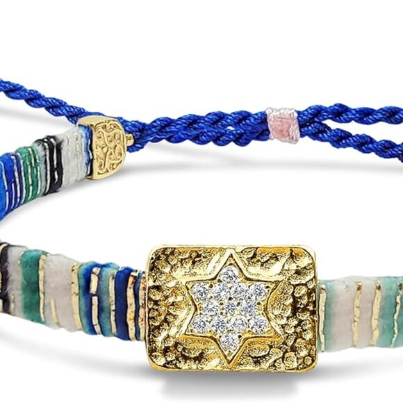 Macrame Friendship Bracelet Blue Gold Star of David Jewish Faith Gift - Picture 1 of 9